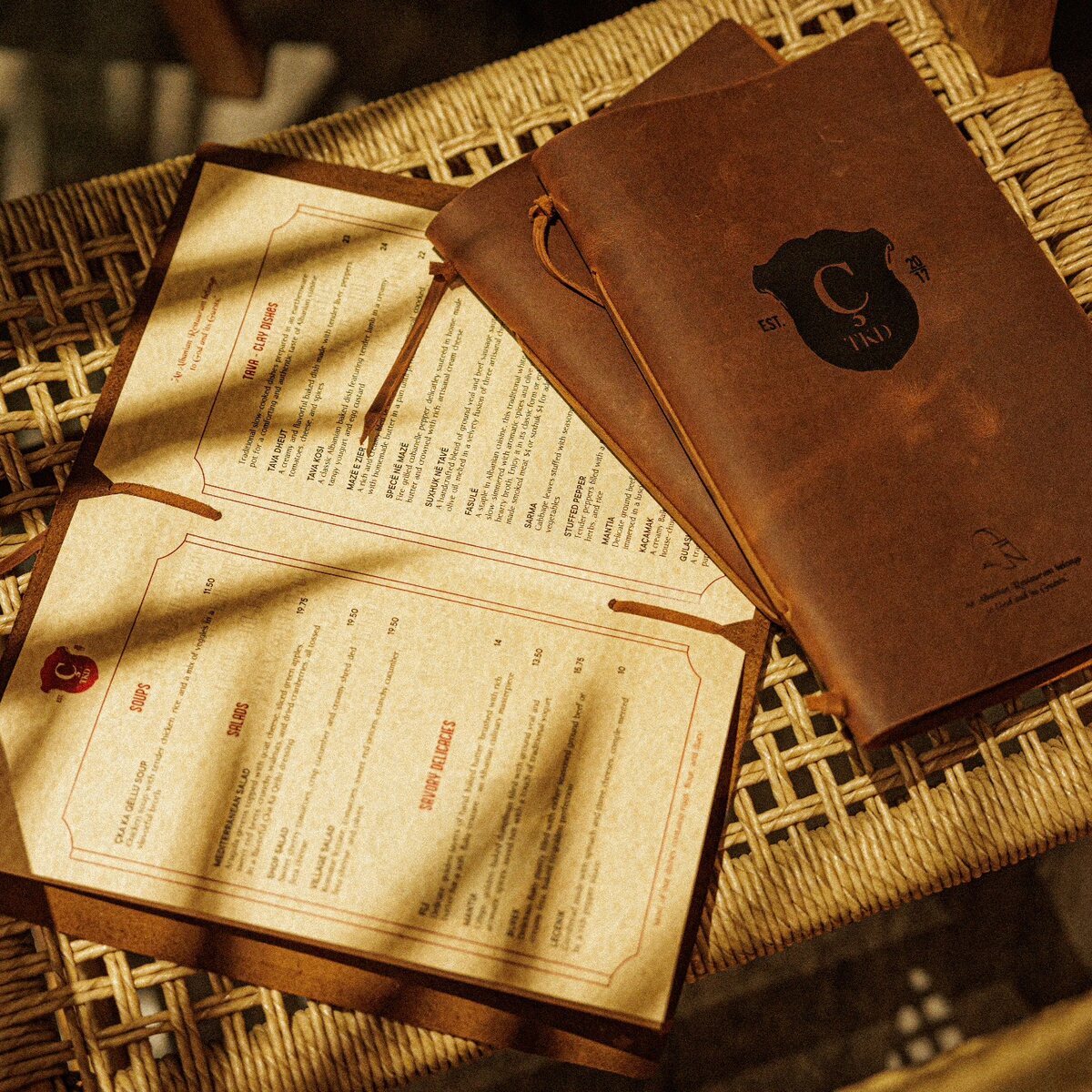 Rustic brown leather menu cover with coordinated printed pages