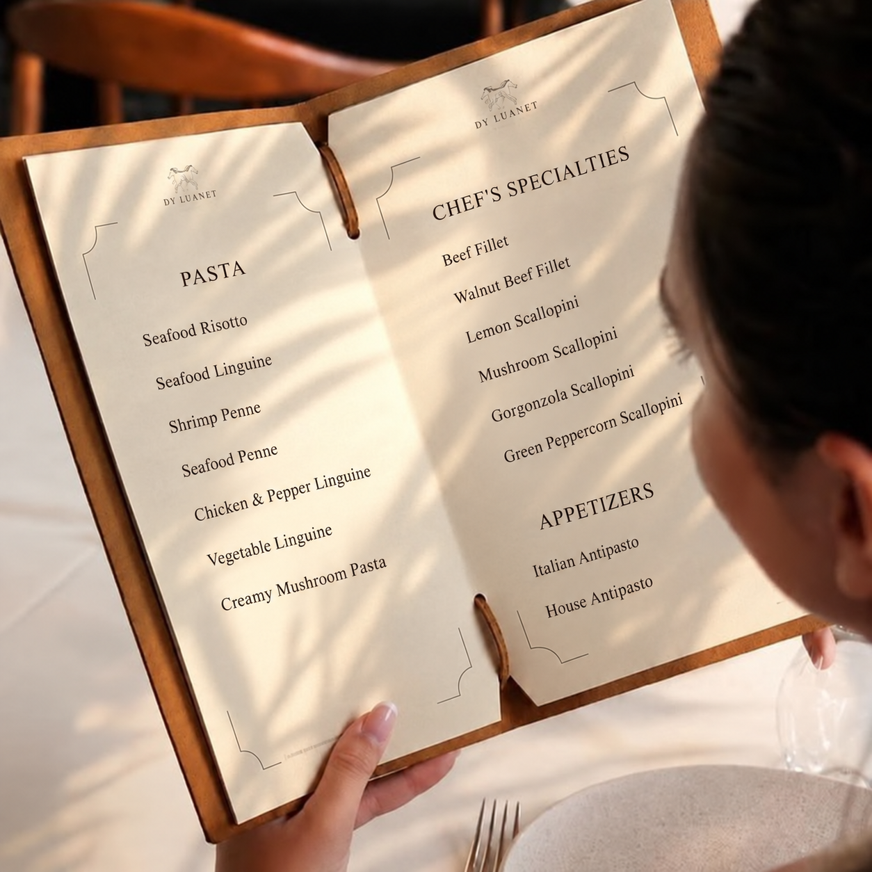 Digitally adapted English menu interior with pasta, chef's specialties, and appetizers
